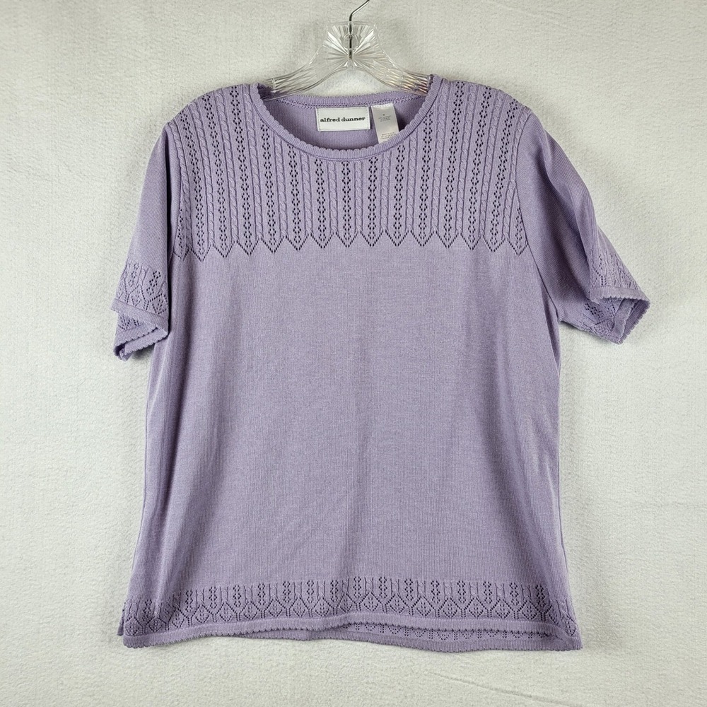 Alfred Dunner Womens Medium Lavender‎ Purple Pointelle Knit Short Sleeve Top USA